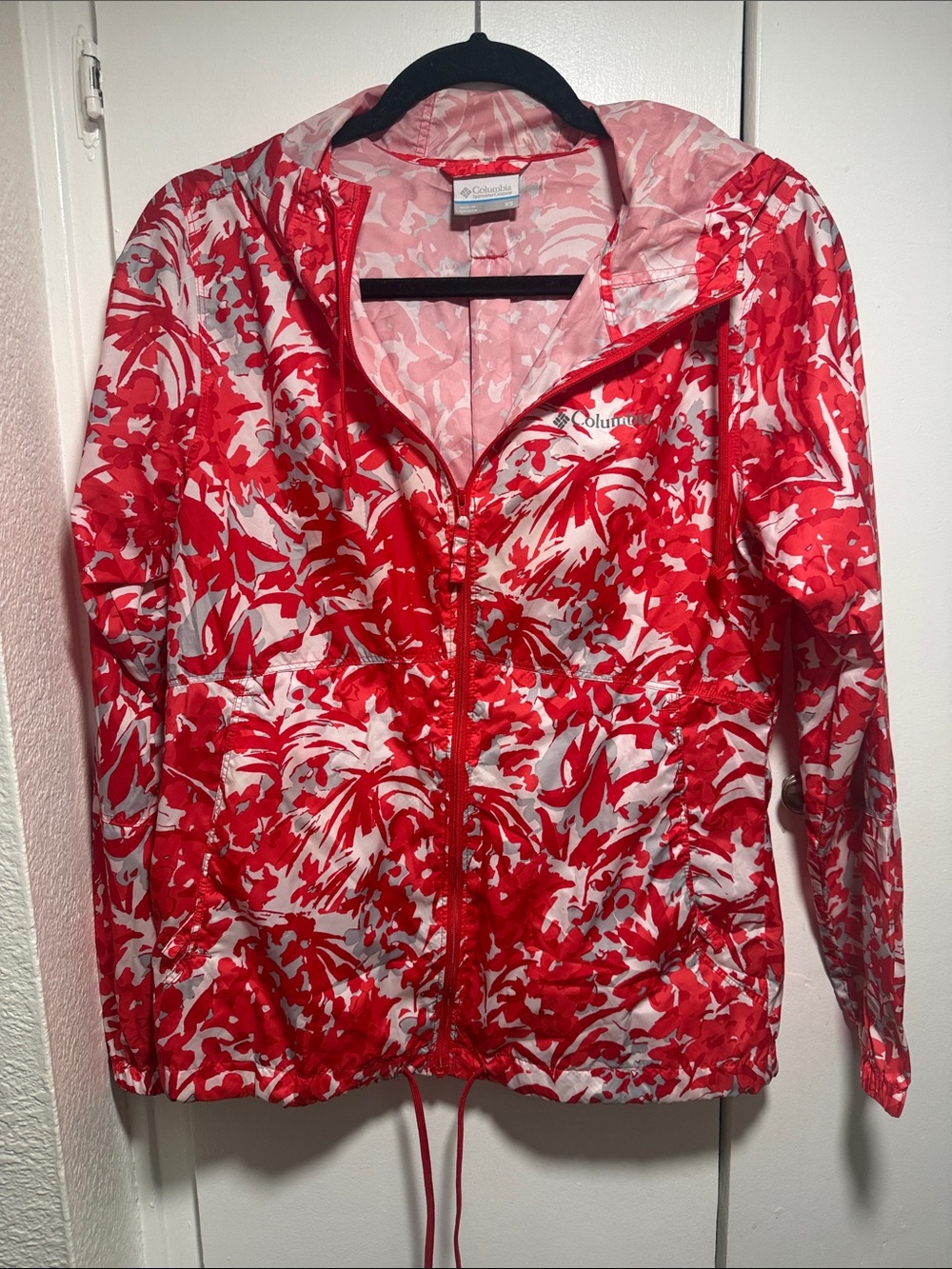 Columbia Red and White Floral Hooded Windbreaker